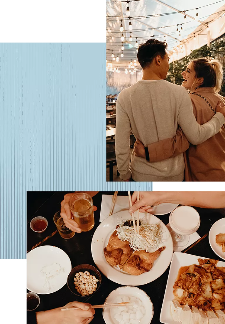 Accent photo of a young couple walking outside in the city paired with an image of food
