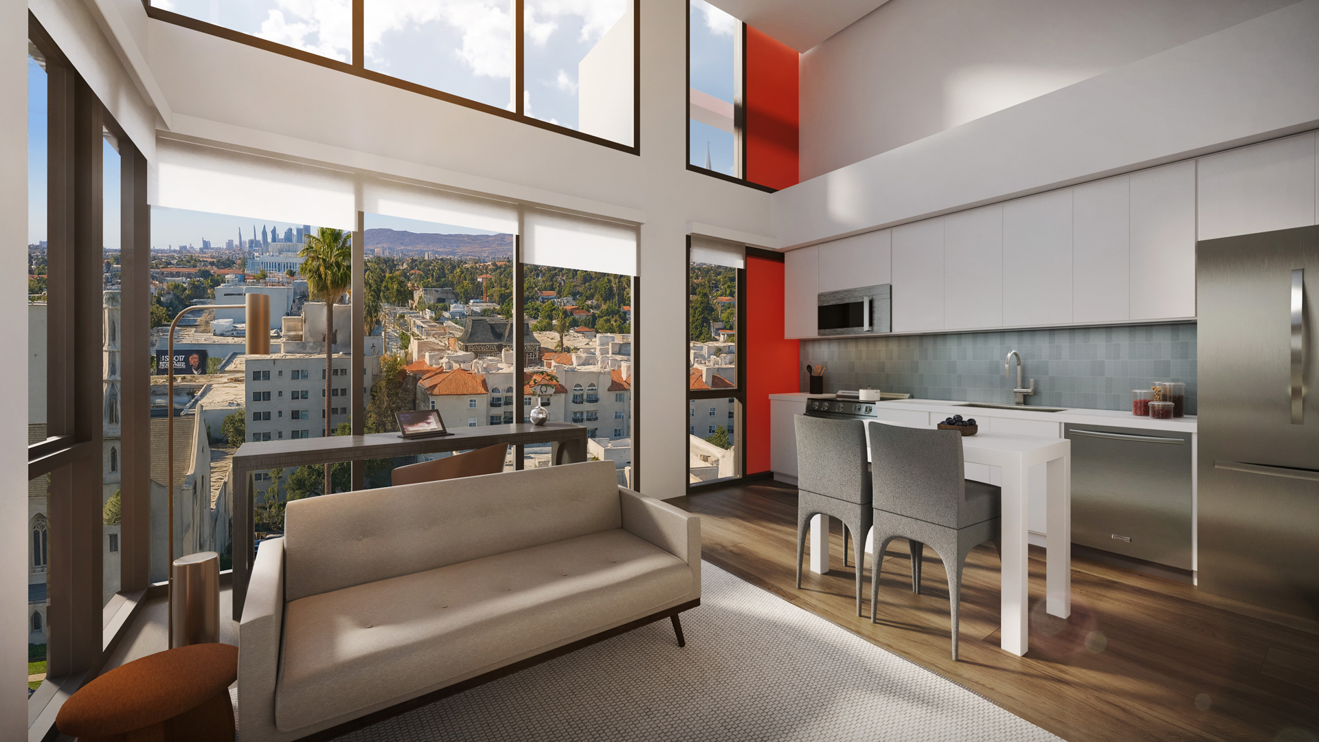 Hudson interior apartment with open living room and kitchen and expansive windows