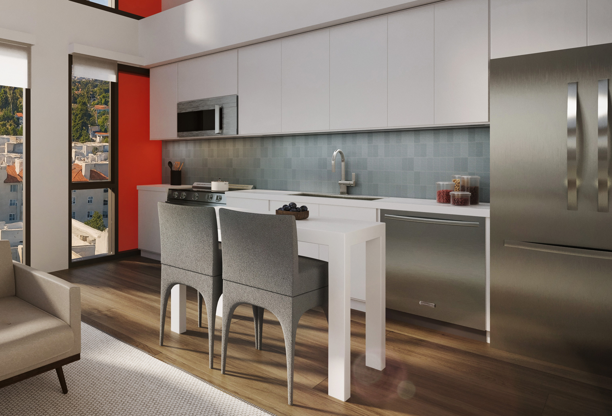 Rendering of an apartment kitchen space.