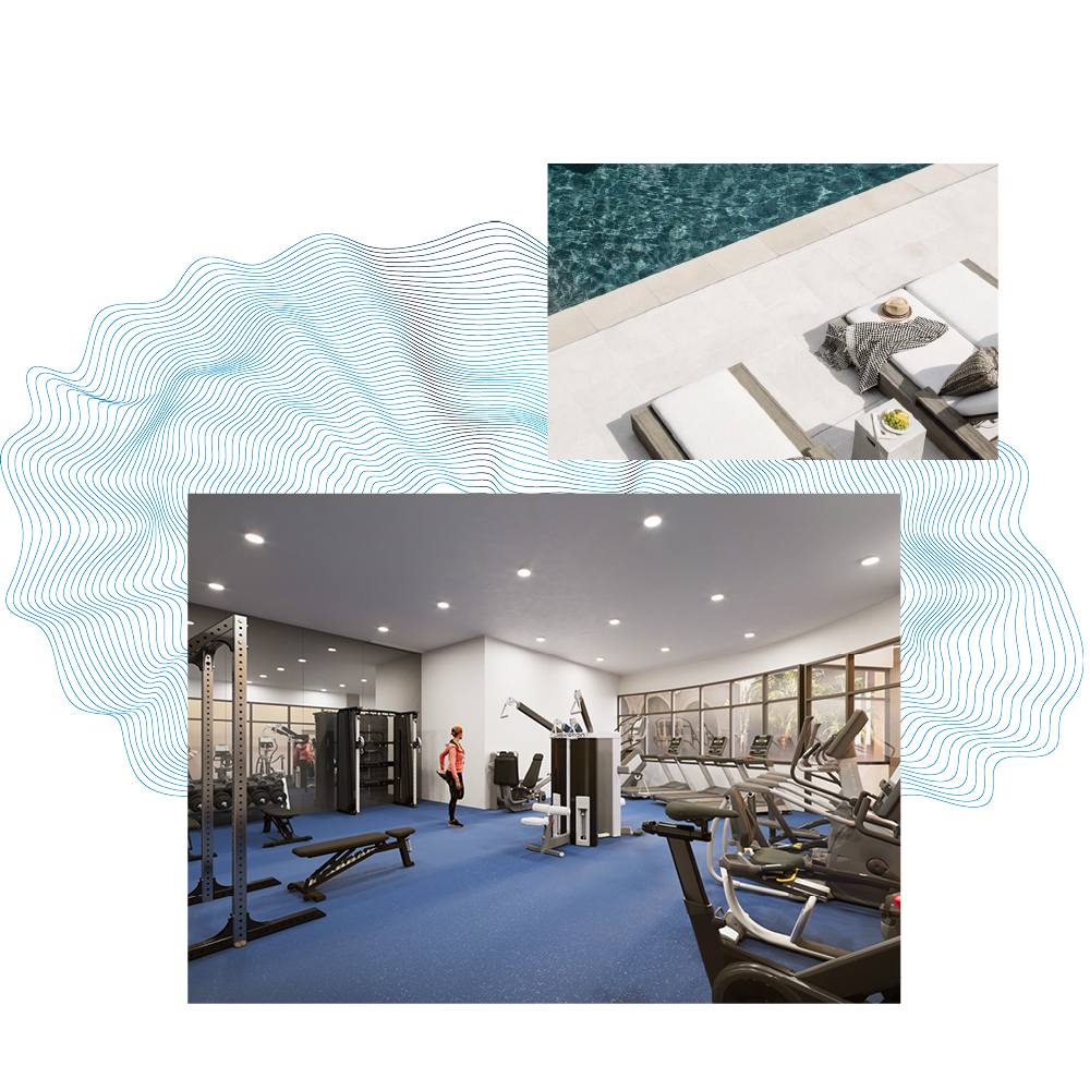 Accent image with a pool and loungers mixed with a fitness center rendering with exercise equipment.