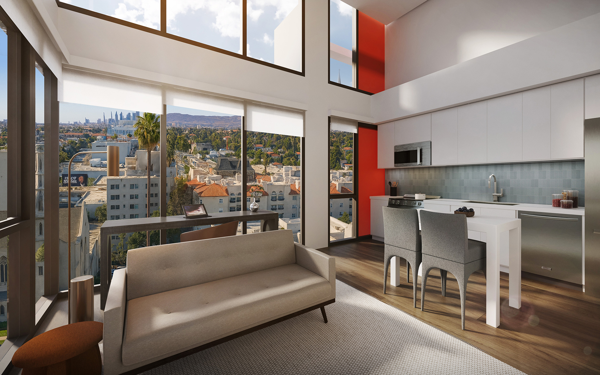 Rendering of an apartment interior space with open living and kitchen space.