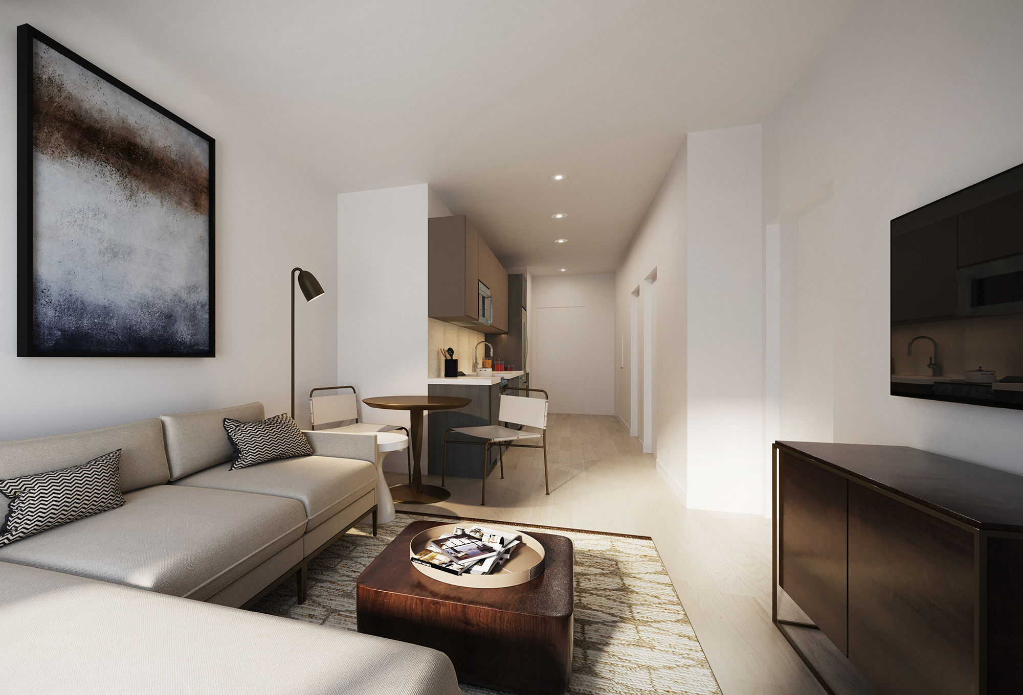 Rendering of an apartment interior space with living room and kitchen space.