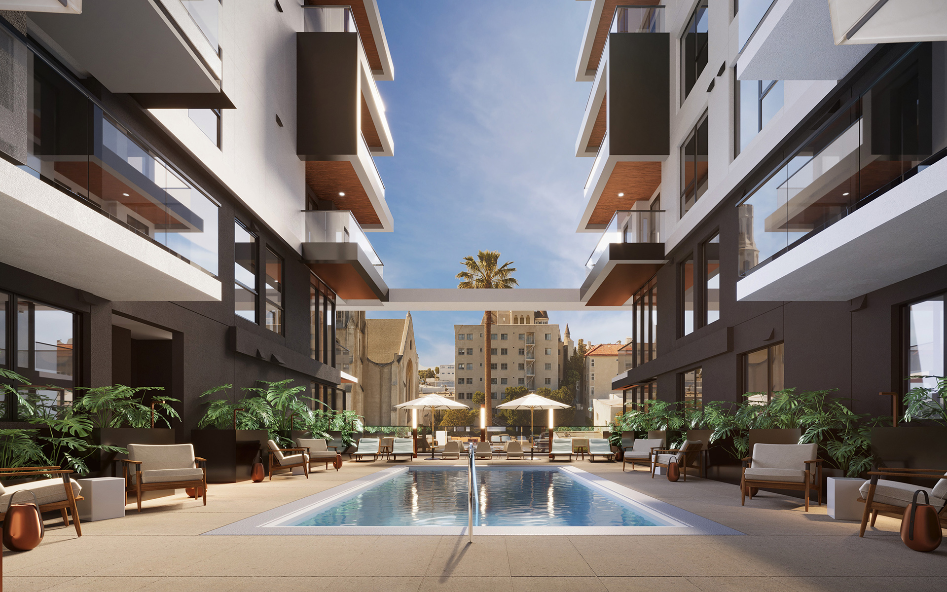 Hudson amenity rendering of the pool area with lush landscaping and lounge chairs.